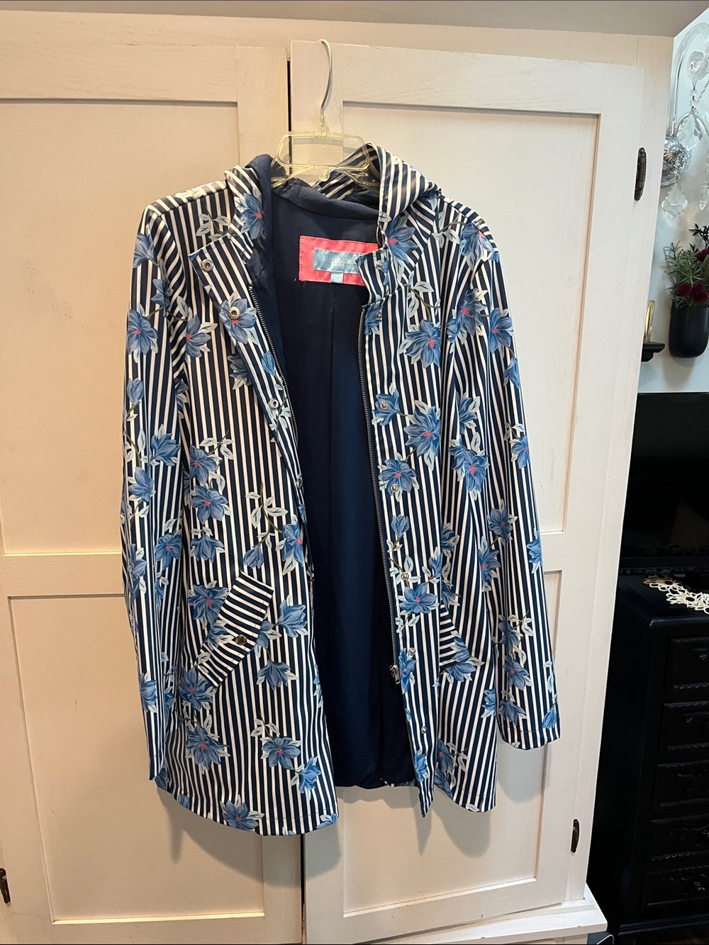 Draper James Navy and White Striped Floral Hooded Trench